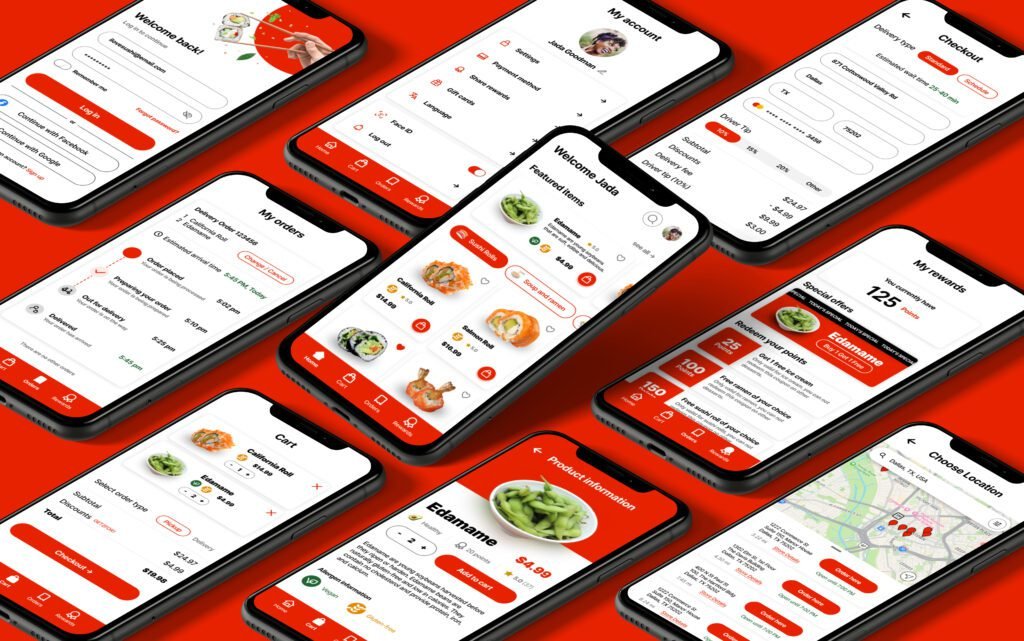 Visual of multiple phone screens displaying an app interface for a sushi ordering app