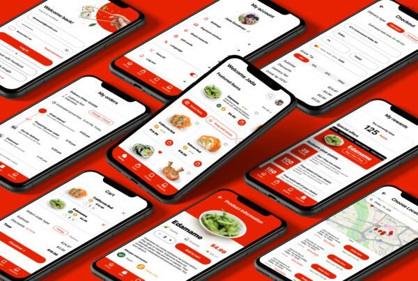 Visual of multiple phone screens displaying an app interface for a sushi ordering app